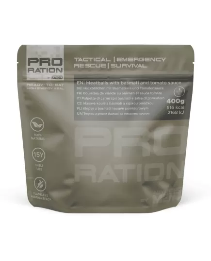 Pro Ration emergency meal meatballs with basmati rice tomato sauce 15 years