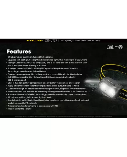 Επαναφορτιζόμενος Φακός Κεφαλής Led Nitecore UT27 Pro 520 Lumens + 2x HBL1300Lion Battery , 27 imageΕπαναφορτιζόμενος Φακός Κεφαλής Led Nitecore UT27 Pro 520 Lumens + 2x HBL1300Lion Battery, 27 image